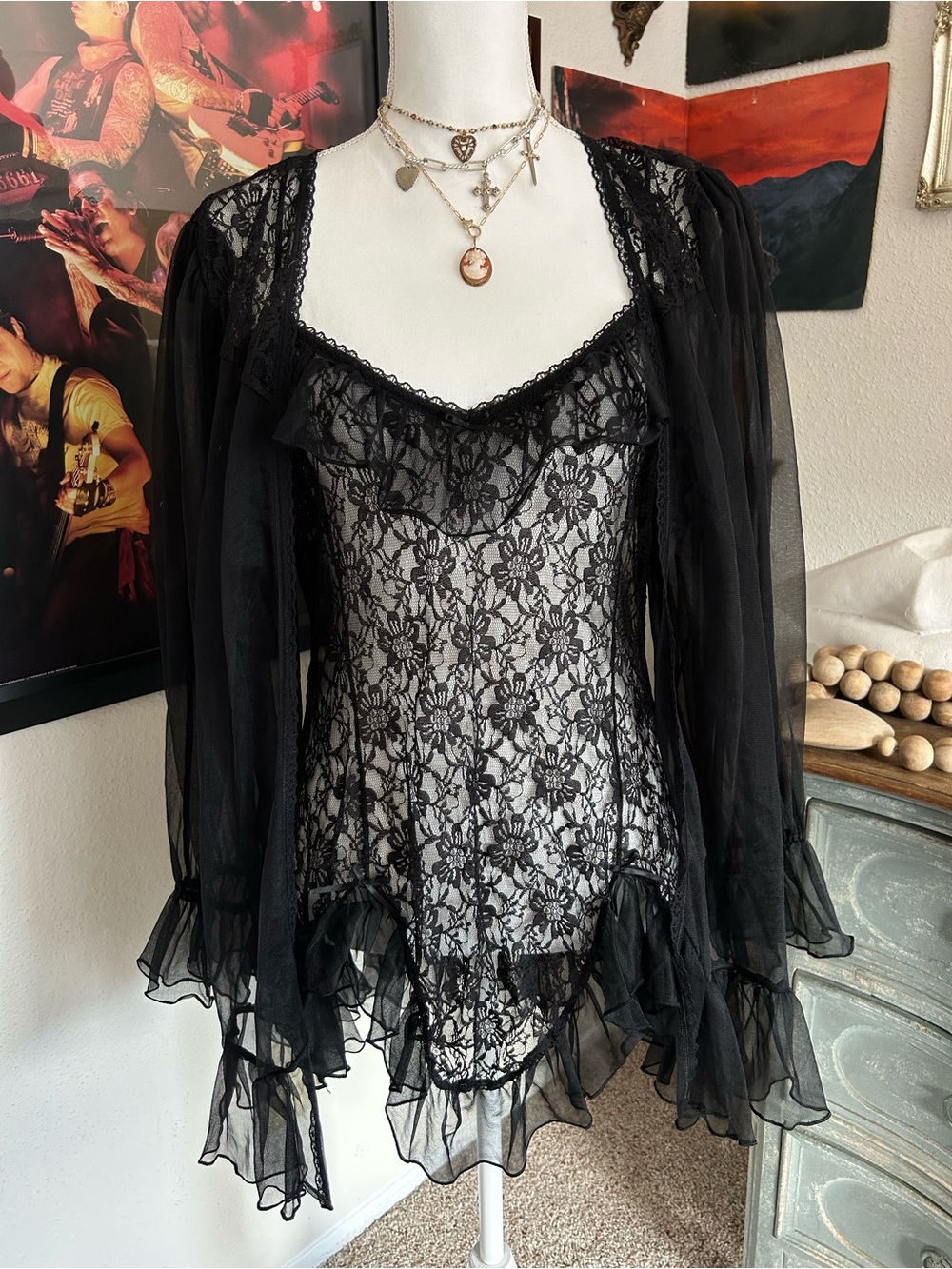 Vintage Black Lace Slip Dress Robe Panty Boudoir Sheer Sexy Peignoir Set READ